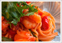Spaghetti with Prawns, Rocket, Chili and Semi-Dried Tomatoes